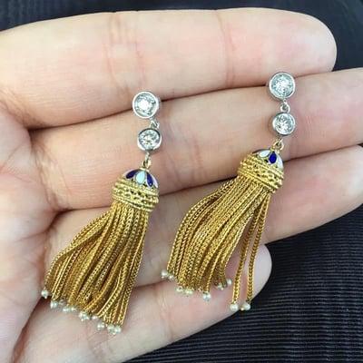 flirty fun earrings in gold with diamonds, pearls and enamel!!