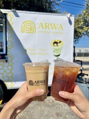 Yemeni latte (iced), red tea (iced)