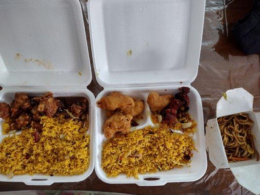 General Taos chicken, chicken fingers, rice, lol mein