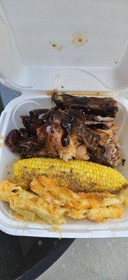 Combo #2 - 4 ribs, quarter chicken, corn on the cob, and mac & cheese.