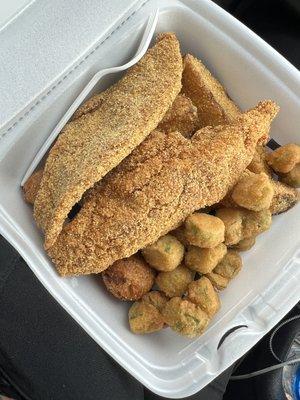 Fish filet, okra, hush puppy, potato wedges