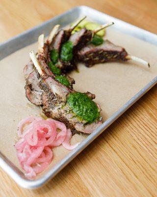 Smoked Lamb Rack w/ Chimi Sauce and Pickled Onions