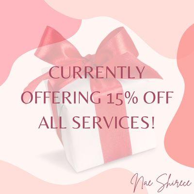 #HolidaySale!!! All services are 15% OFF! From us, to you (: