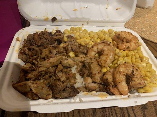 Chicken Gyro, Shrimp, corn, and rice