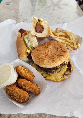 Triple Cheese Burger, Double Polish Sausage sandwich, Jalapeño Poppers.