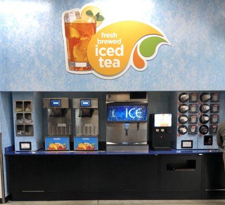 Fresh Brewed iced tea available next to order counter inside HEB's convenience store.