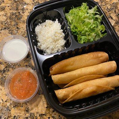 Dozen of crunchy deep fried rolled tortillas stuffed with filling of your choice. Topped with lettuce, cheese, sour cream, and salsa.