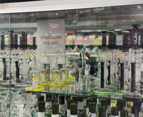 Osiris Glass 50 Percent off!  Ask for our unbelievable inexpensive  bongs!