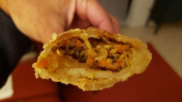 Interior of fried egg rolls ($7.50), vegan by default. Good filling. Huge at 8 inches.