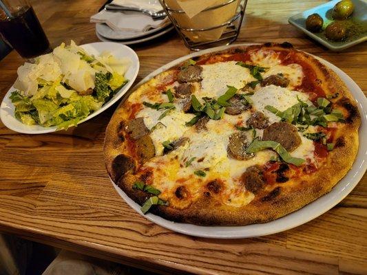 Meatball pizza and small Ceasar salad