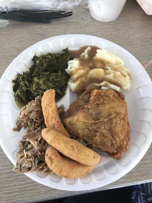 BBQ, collard greens, mashed potatoes with gravy, fried chicken, and hush puppies! Gotta love the South!