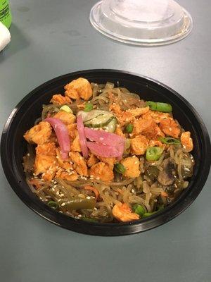 Japchae with spicy chicken