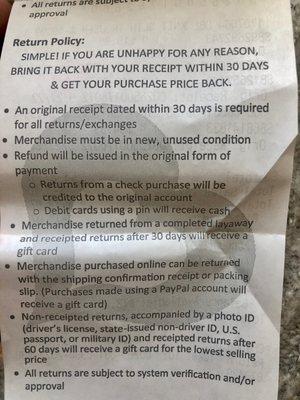 Return Policy on back of receipt. Says debit purchases will be given back as cash but beware the store might do a gift card instead.