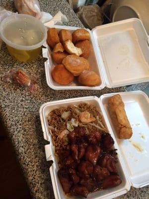 Bourbon chicken combination plate - comes with shrimp fried and eggroll. And so many Chinese donuts!!