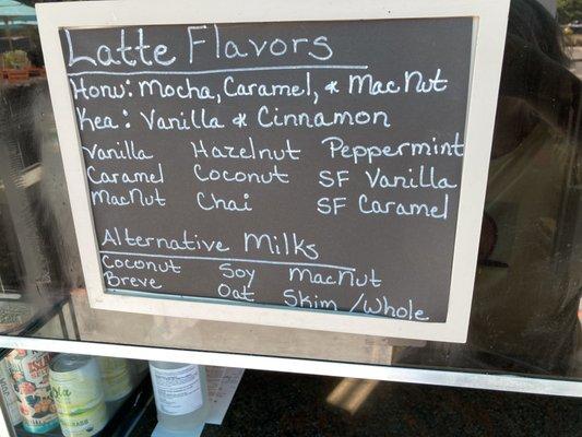 Lattes, alt milks, and syrup flavors.