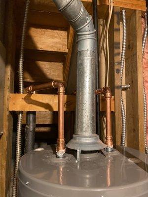 Copper pipes on my water heater to replace the plastic ones that were put in by the past plumber