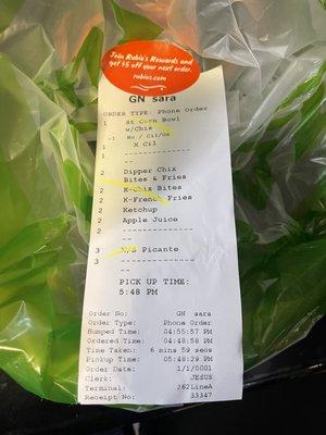 Receipt that says no onion