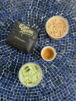 Jasmine matcha and iced latte. You get a free double shot of espresso, americano or cold brew when you buy a bag of beans.