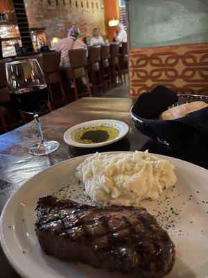 New York strip, garlic mash potatoes, and a glass of the Oberon Cabernet