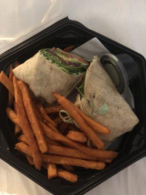 Charred ahi tuna wrap with sweet potato fries