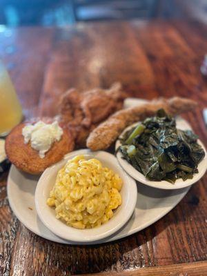 Catfish, greens, Mac & cheese