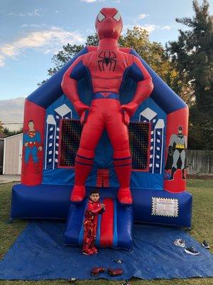 Spiderman bounce house, superhero themed birthday.