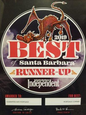 2019 Best of Santa Barbara Runner Up Award for Best Mortgage Company.