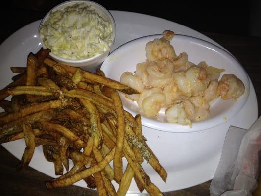 Grilled shrimp, slaw, and home made fries.