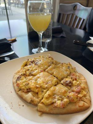 Breakfast flatbread was delicious, add hot sauce and a mimosa for extra funniness.