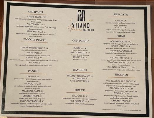 Menu as of August 2023