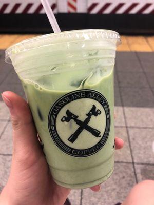 Bomb iced matcha oat milk latte