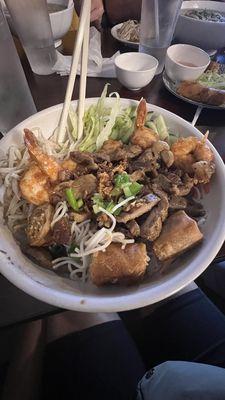 vermicelli with pork, shrimp and egg rolls