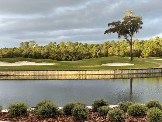 Panoramic view of the 9th and 19th greens from our event lawn.