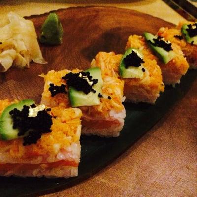 Ootoya Roll tuna salmon yellow tail and a bunch of stuff including a gold flake.  Sweet and spicy