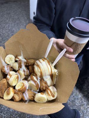 Churro with vanilla ice cream cajeta drizzle and bananas