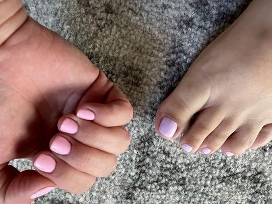 The color on my hands is a bubble gum pink. The color on my toes is a light pink. But they were both labeled as 601 ballet pink.