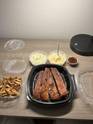 Ribs Platter with 3 sides - white cheddar mac, cole slaw, fries