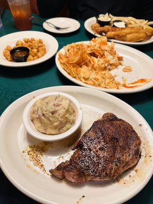 Delmonico Steak, Buffalo Chips, Gator App and Fried Catfish