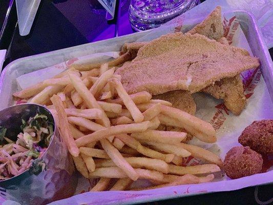 Catfish plate with fries and hush puppies. YUM!!