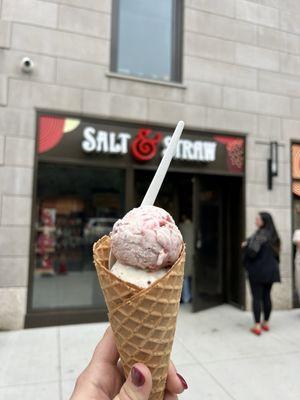 Split scoop: strawberry balsamic & freckled mint chocolate chip in a pumpkin spice waffle cone!