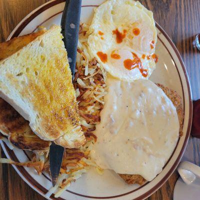 Country fried steak,  OE eggs, hash, toast