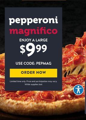 Try our special on The Pepperoni Magnifico only $9.99 for a LARGE!!