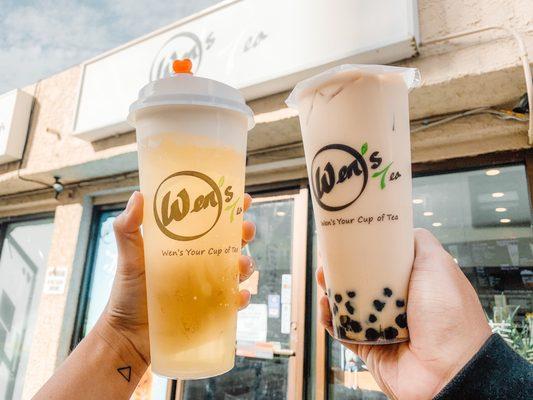 Cheese Osmanthus Tea (no ice) & Oolong Milk Tea w Boba