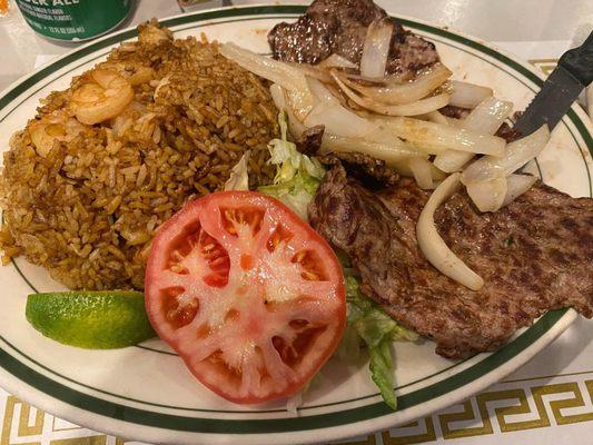 Steak,salad,&shrimp fried rice