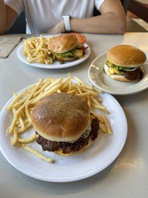 Garlic burger (front), double steak burger (right), and a bacon steak burger (back)