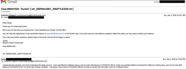 Electronic correspondence with Dunkin' customer service.