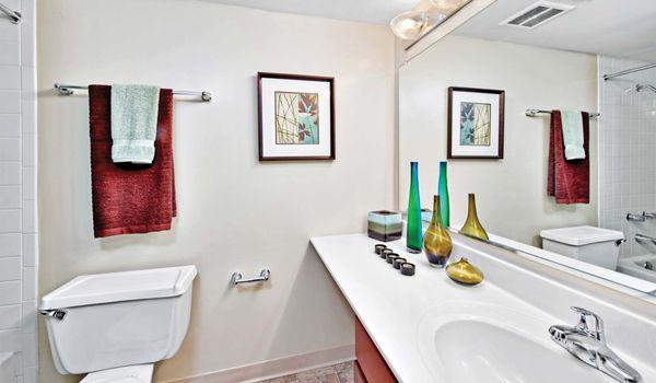 Bathroom has large vanity for extra storage