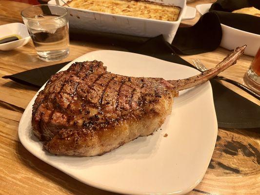 My buddies medium rare tomahawk bone in ribeye.  3 1/2 to )4 inches thick.  A beast !! Cooked upstairs at a private diner.