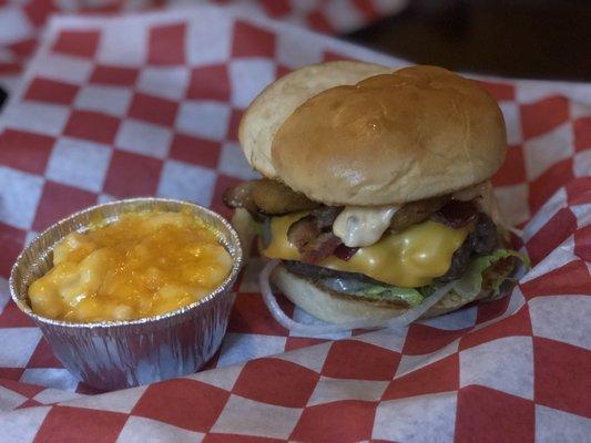 The commodore Barry burger with a side of Mac and cheese