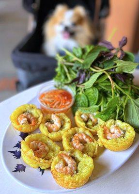 Bánh Khọt: Viet Mini Pancakes w/ shrimp, mung beans, lettuce, herbs, nước chấm | $15 (posted menu states, $14)